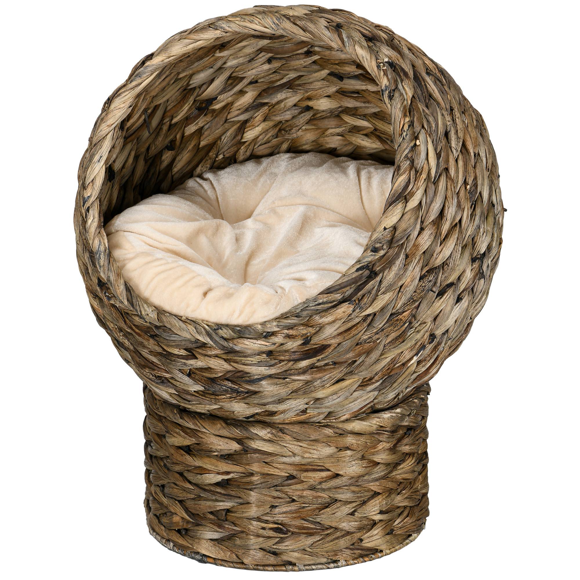 Panier chat en jacinthe d'eau, niche grotte avec coussin, 40x37x51 cm, café - Image 2