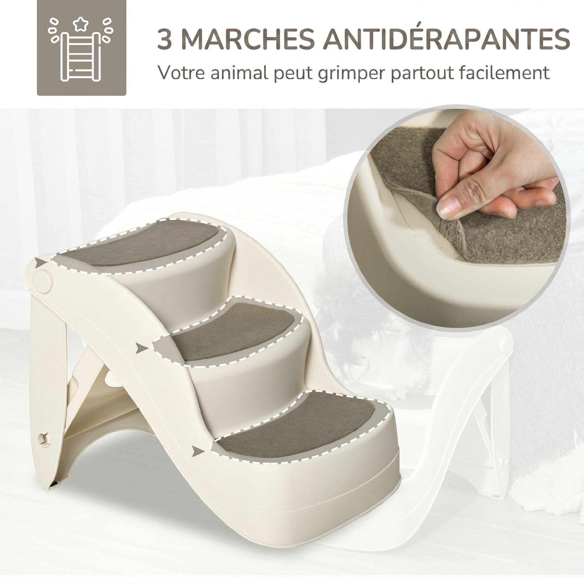 ComfortXL - Escalier pliable antidérapant pour chien et chat 3 marches en plastique crème 49 x 38 x 38 cm pour lit et canapé - Image 4
