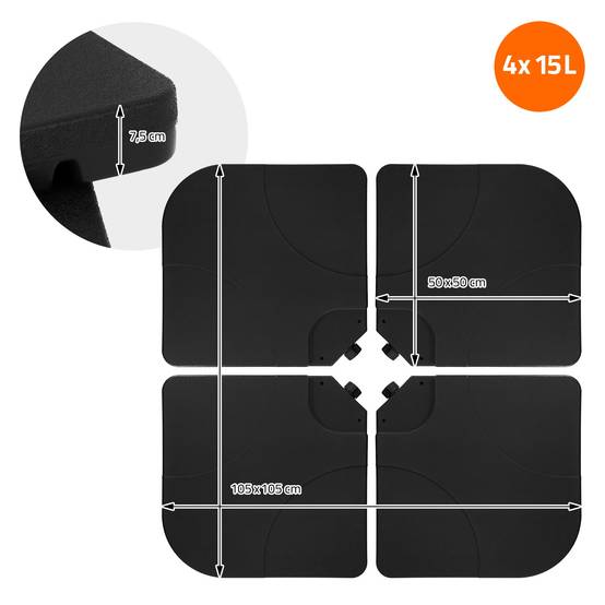 Lot de 4 poids de lestage pour base de parasol déporté noir en plastique dalles remplissables 60 L eau ou 80 Kg sable plaques pour support en croix - Image 6