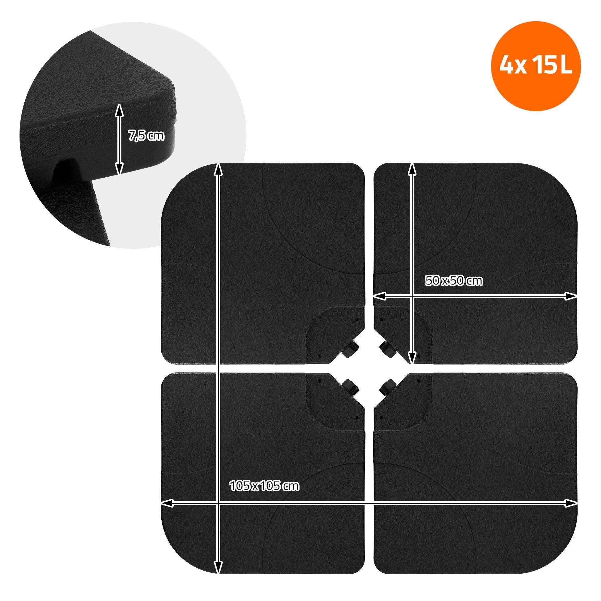 Lot de 4 poids de lestage pour base de parasol déporté noir en plastique dalles remplissables 60 L eau ou 80 Kg sable plaques pour support en croix - Image 6