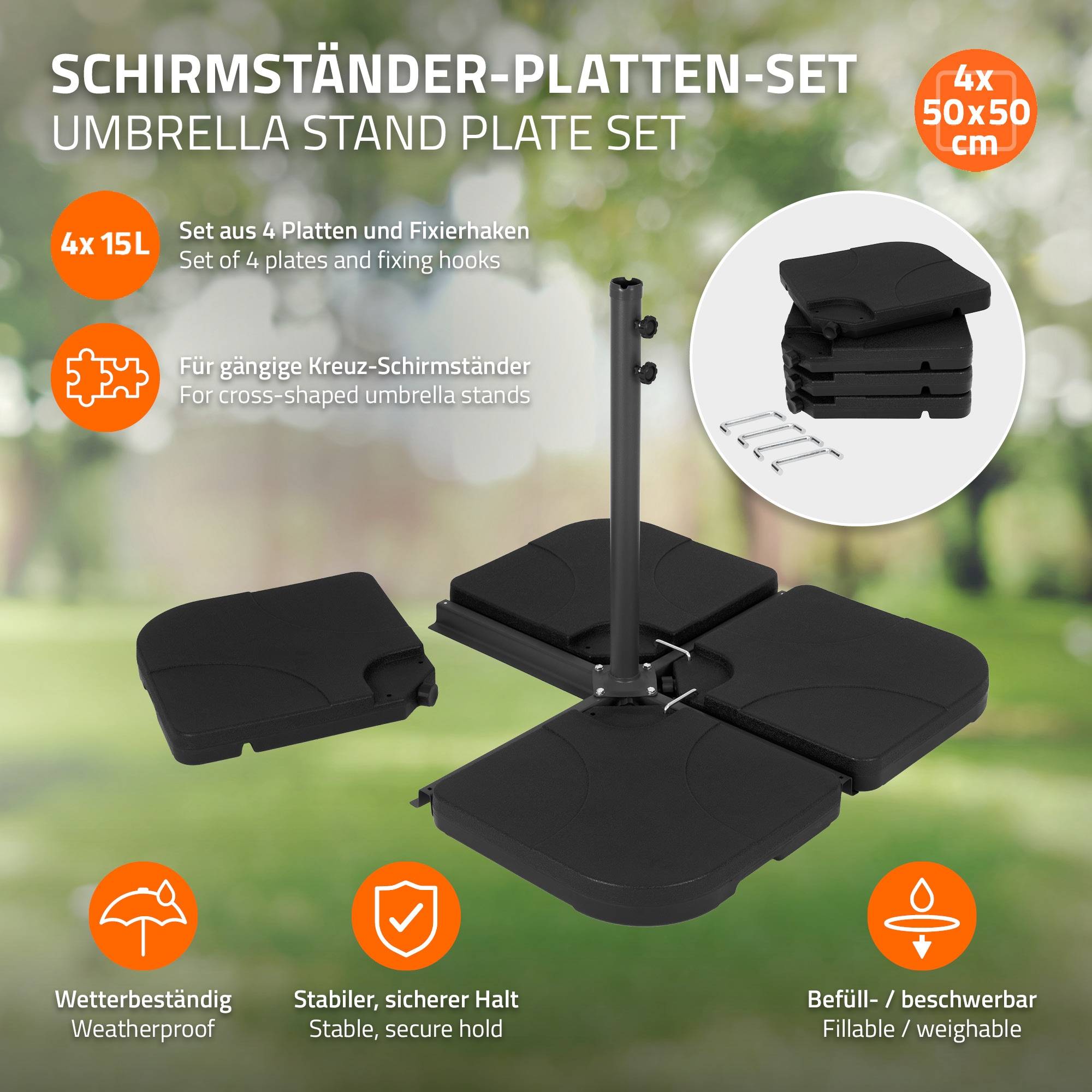 Lot de 4 poids de lestage pour base de parasol déporté noir en plastique dalles remplissables 60 L eau ou 80 Kg sable plaques pour support en croix - Image 2