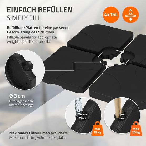 Lot de 4 poids de lestage pour base de parasol déporté noir en plastique dalles remplissables 60 L eau ou 80 Kg sable plaques pour support en croix - Image 3
