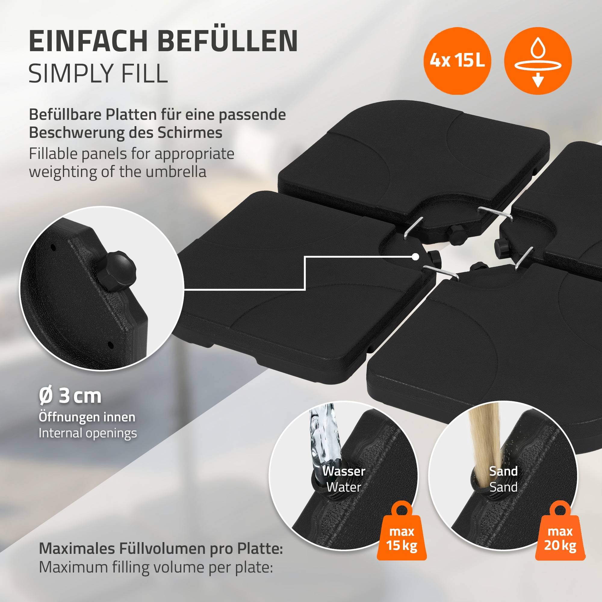 Lot de 4 poids de lestage pour base de parasol déporté noir en plastique dalles remplissables 60 L eau ou 80 Kg sable plaques pour support en croix - Image 3