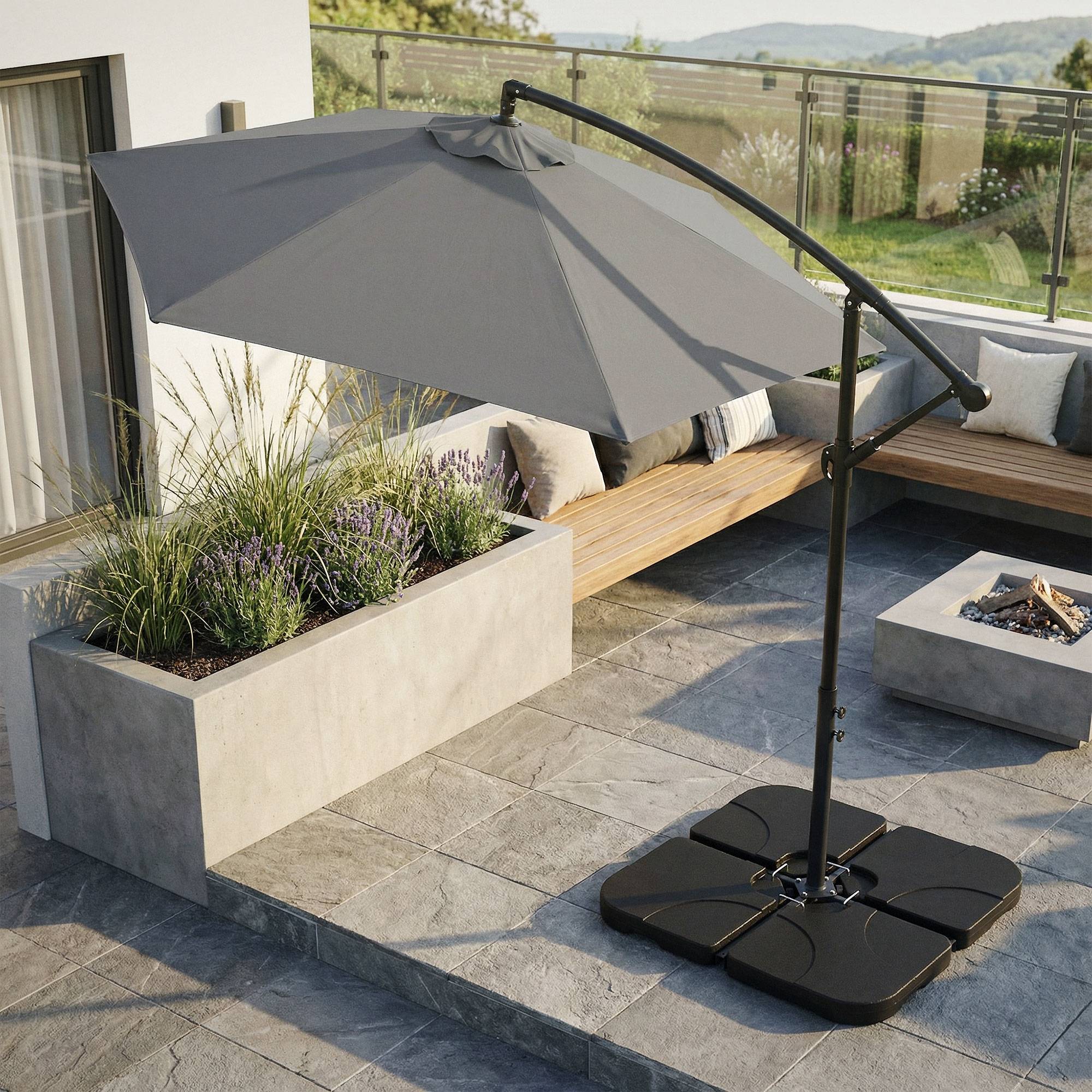Lot de 4 poids de lestage pour base de parasol déporté noir en plastique dalles remplissables 60 L eau ou 80 Kg sable plaques pour support en croix - Image 7