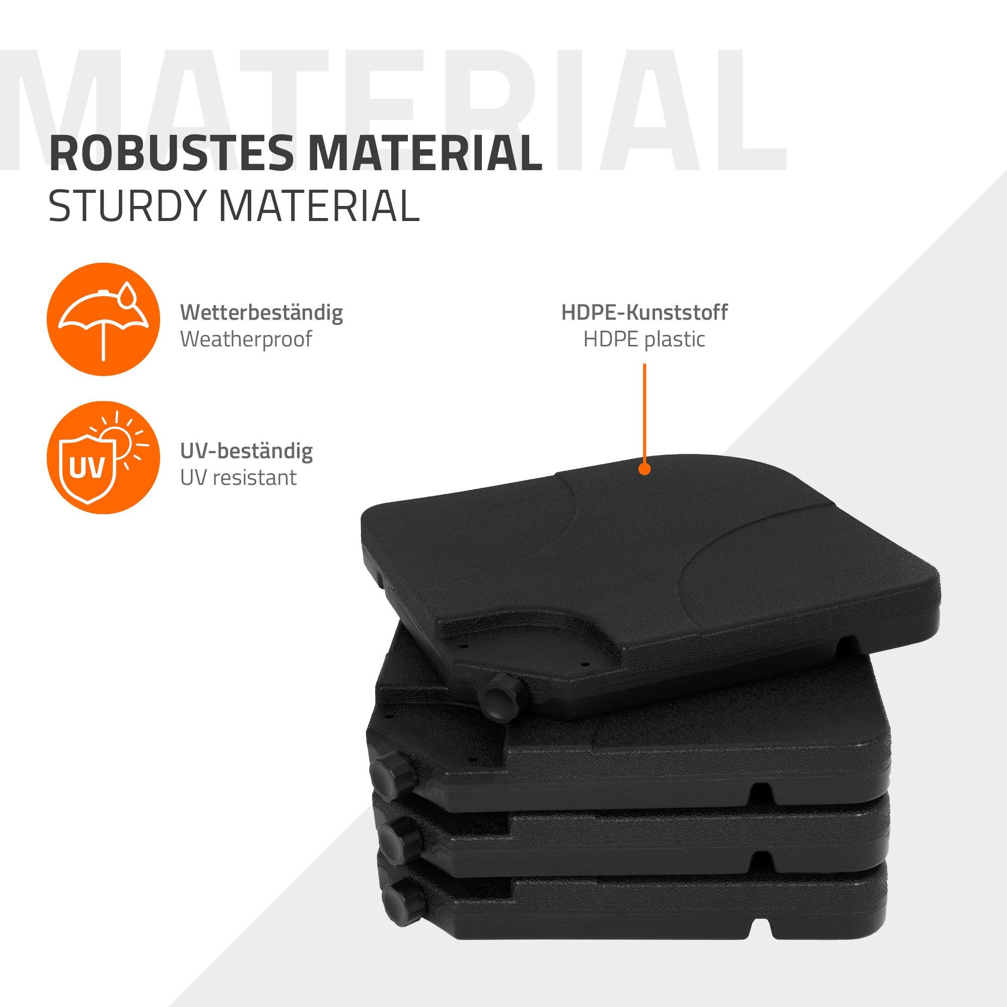 Lot de 4 poids de lestage pour base de parasol déporté noir en plastique dalles remplissables 60 L eau ou 80 Kg sable plaques pour support en croix - Image 5