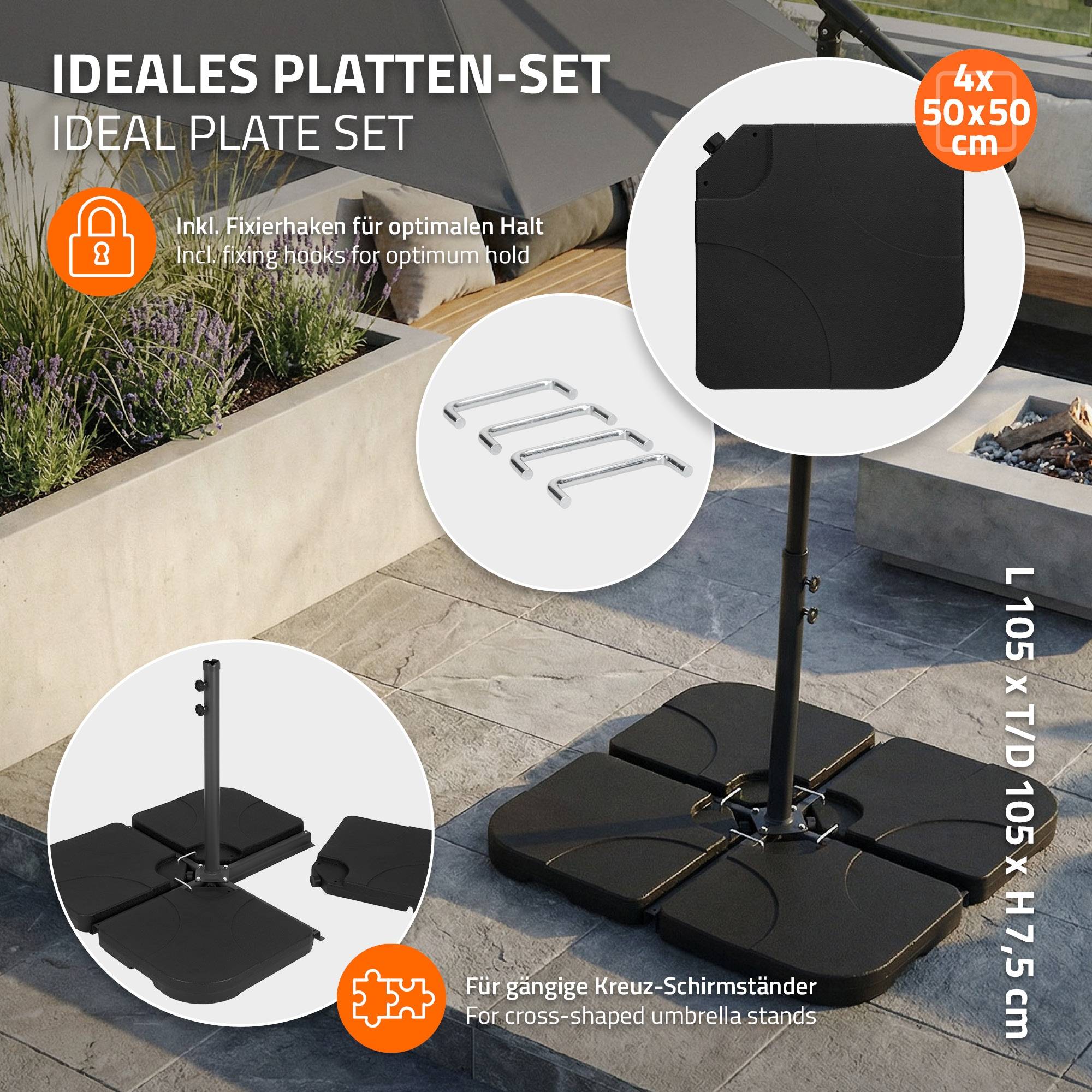 Lot de 4 poids de lestage pour base de parasol déporté noir en plastique dalles remplissables 60 L eau ou 80 Kg sable plaques pour support en croix - Image 4