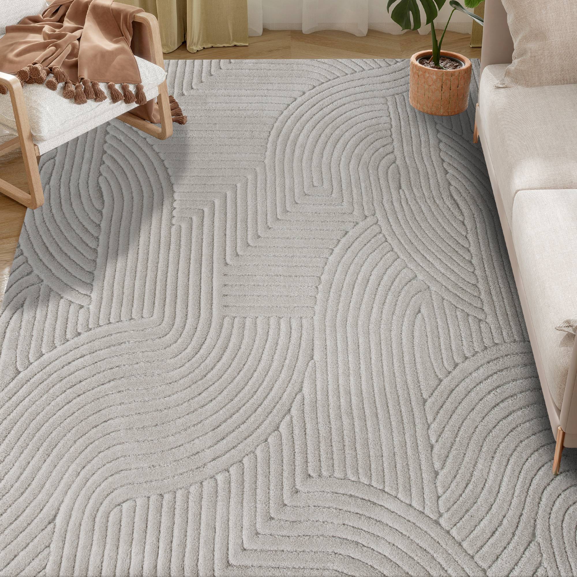 Sans Marque - Tapis salon 160x120 cm poils épais géométrique moelleux antidérapant gris - Image 1