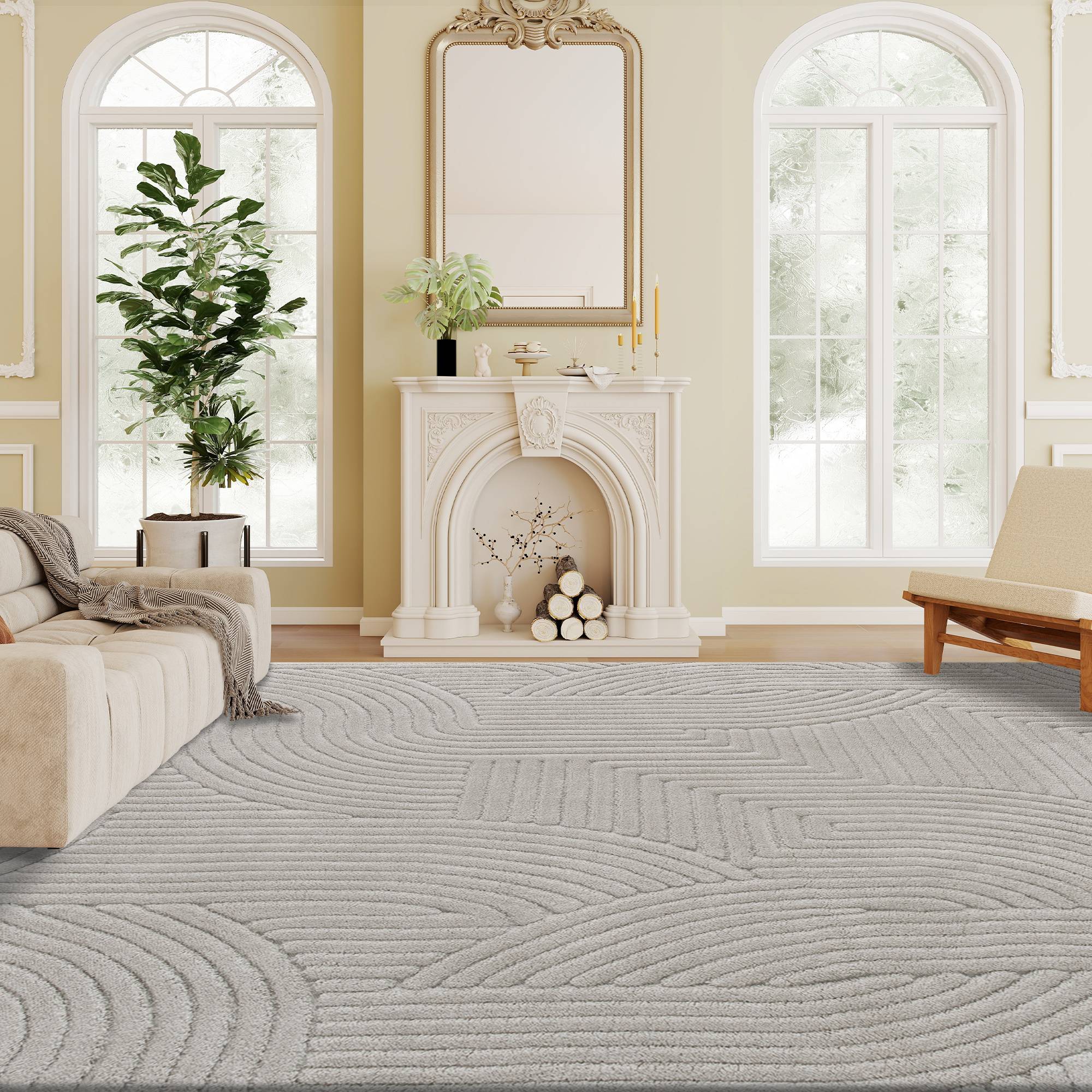 Sans Marque - Tapis salon 160x120 cm poils épais géométrique moelleux antidérapant gris - Image 2