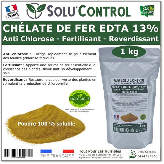 SOLU'CONTROL - Chélate de Fer EDTA 13%, Anti-chlorose, Fertilisant, Reverdissant-1 kg - Image 1