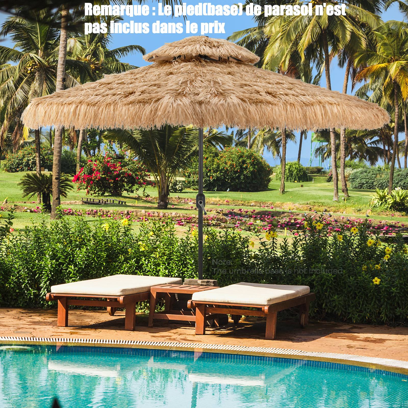 Parasol Paille de Jardin Exterieur Φ 292 CM, Parasol Exotique Paille avec 12 Couches de Paille PE et Lumières LED Solaire,Inclinable, Naturel - Image 3