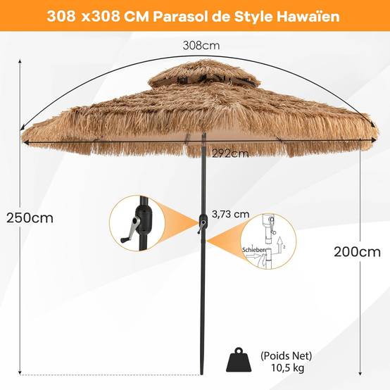 Parasol Paille de Jardin Exterieur Φ 292 CM, Parasol Exotique Paille avec 12 Couches de Paille PE et Lumières LED Solaire,Inclinable, Naturel - Image 9