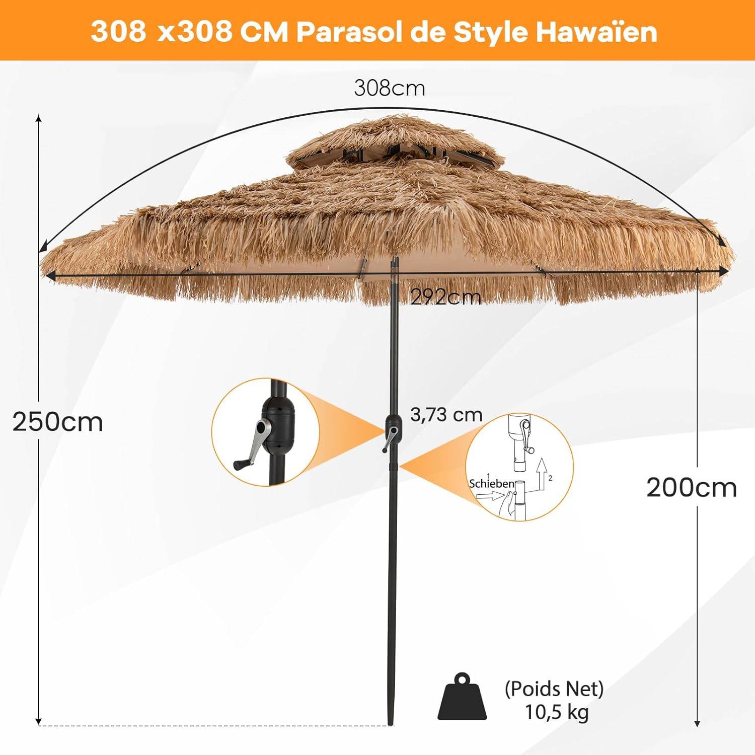 Parasol Paille de Jardin Exterieur Φ 292 CM, Parasol Exotique Paille avec 12 Couches de Paille PE et Lumières LED Solaire,Inclinable, Naturel - Image 9