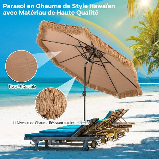 Parasol Paille de Jardin Exterieur Φ 292 CM, Parasol Exotique Paille avec 12 Couches de Paille PE et Lumières LED Solaire,Inclinable, Naturel - Image 8