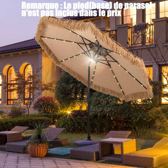 Parasol Paille de Jardin Exterieur Φ 292 CM, Parasol Exotique Paille avec 12 Couches de Paille PE et Lumières LED Solaire,Inclinable, Naturel - Image 4