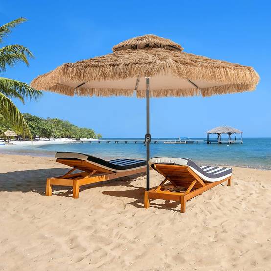 Parasol Paille de Jardin Exterieur Φ 292 CM, Parasol Exotique Paille avec 12 Couches de Paille PE et Lumières LED Solaire,Inclinable, Naturel - Image 2