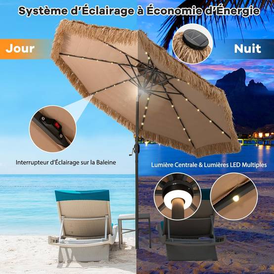 Parasol Paille de Jardin Exterieur Φ 292 CM, Parasol Exotique Paille avec 12 Couches de Paille PE et Lumières LED Solaire,Inclinable, Naturel - Image 6