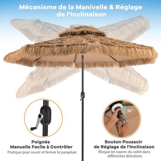 Parasol Paille de Jardin Exterieur Φ 292 CM, Parasol Exotique Paille avec 12 Couches de Paille PE et Lumières LED Solaire,Inclinable, Naturel - Image 7