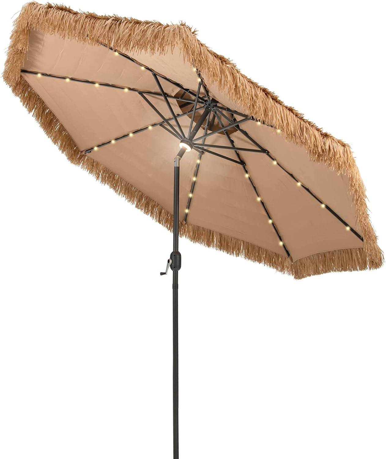 Parasol Paille de Jardin Exterieur Φ 292 CM, Parasol Exotique Paille avec 12 Couches de Paille PE et Lumières LED Solaire,Inclinable, Naturel - Image 1
