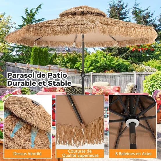 Parasol Paille de Jardin Exterieur Φ 292 CM, Parasol Exotique Paille avec 12 Couches de Paille PE et Lumières LED Solaire,Inclinable, Naturel - Image 5