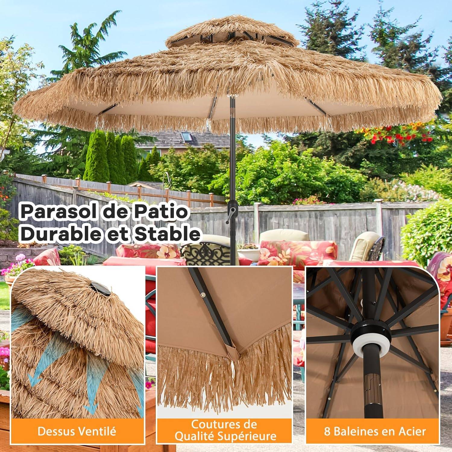 Parasol Paille de Jardin Exterieur Φ 292 CM, Parasol Exotique Paille avec 12 Couches de Paille PE et Lumières LED Solaire,Inclinable, Naturel - Image 5