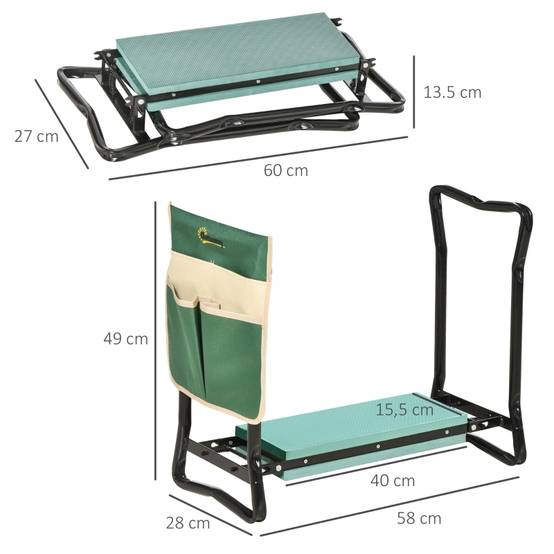 Agenouilloir de jardin 2-en-1 tabouret pliable avec sacoche à outils Vert – ComfortXL Outdoor Living - Image 2