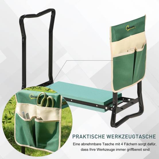 Agenouilloir de jardin 2-en-1 tabouret pliable avec sacoche à outils Vert – ComfortXL Outdoor Living - Image 3
