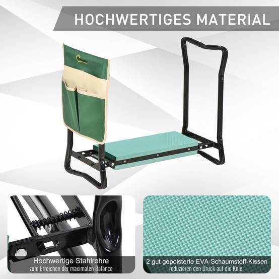 Agenouilloir de jardin 2-en-1 tabouret pliable avec sacoche à outils Vert – ComfortXL Outdoor Living - Image 4