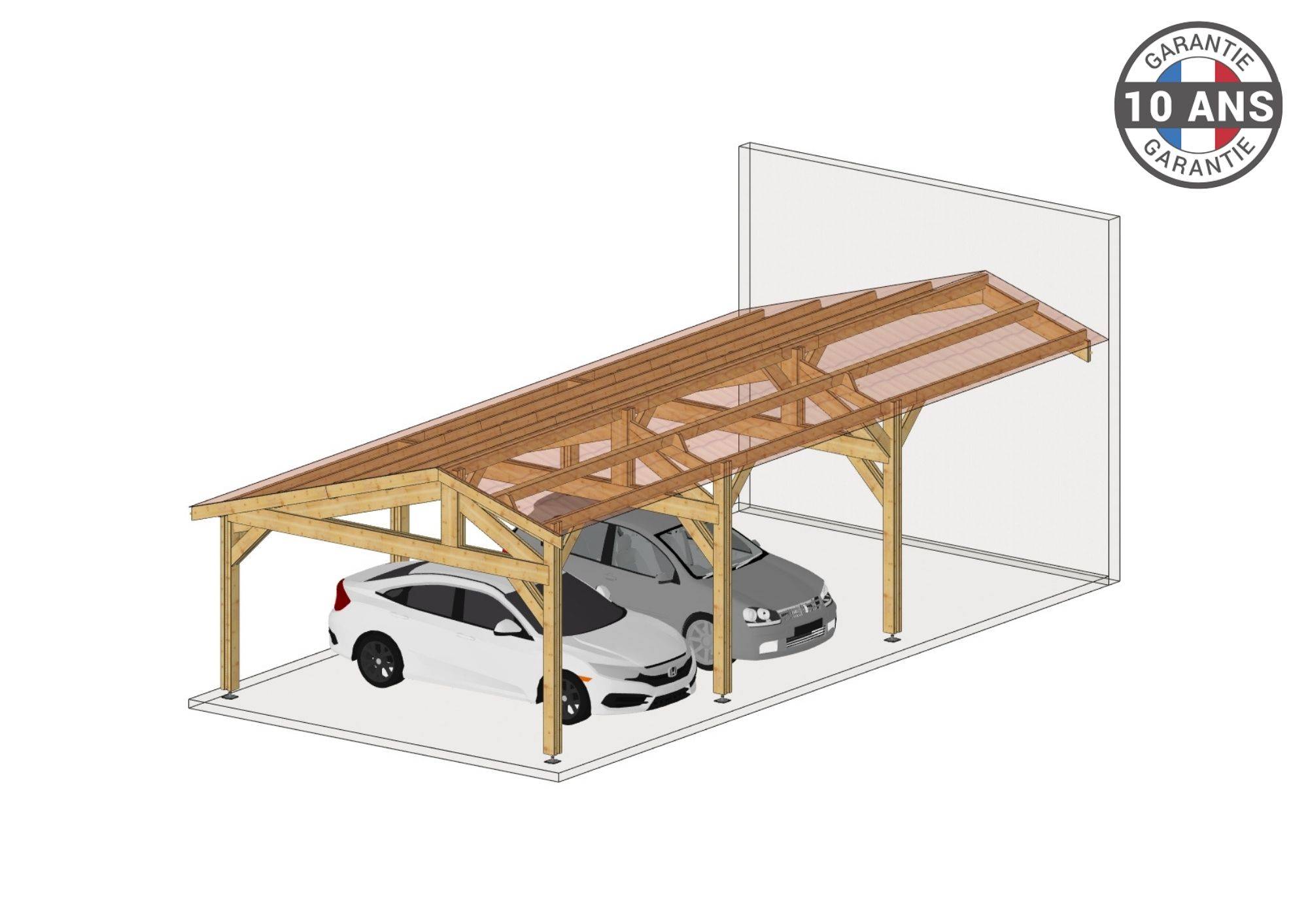 Cpbf Charpentes - Carport Bois Douglas Français 30 m² – 2 pentes faitage décalé adossé – 4 poteaux – Abri voiture extérieur – Garantie 10 ans