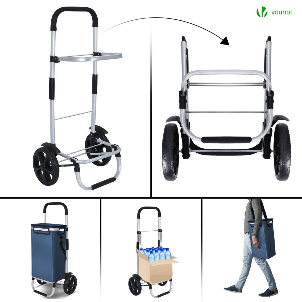 Chariot de course pliable aluminium 2 roues avec sac isotherme bleu marine - Image 3