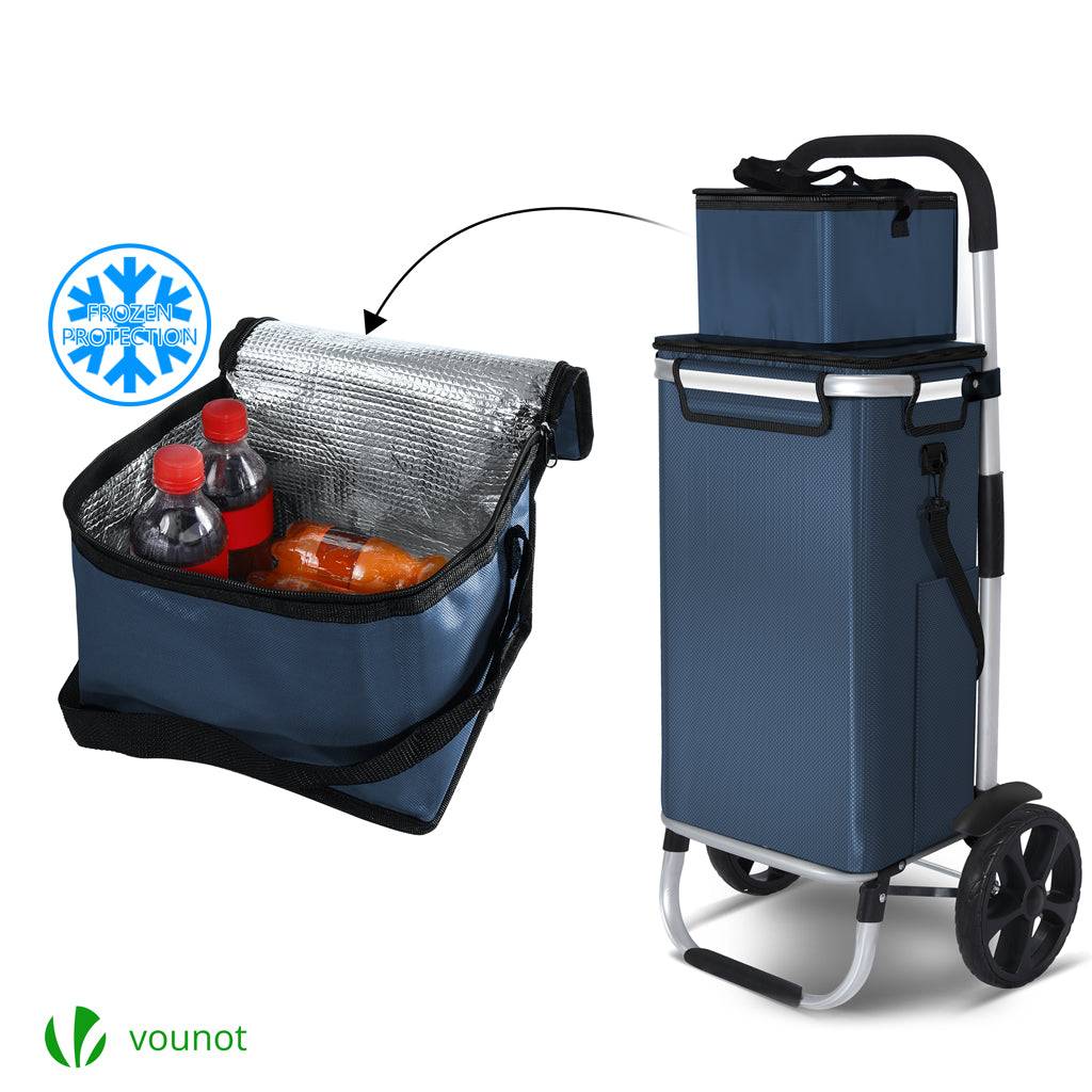 Chariot de course pliable aluminium 2 roues avec sac isotherme bleu marine - Image 4
