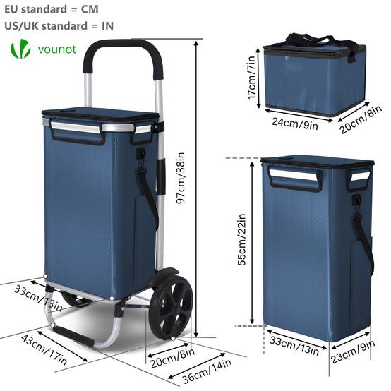 Chariot de course pliable aluminium 2 roues avec sac isotherme bleu marine - Image 7
