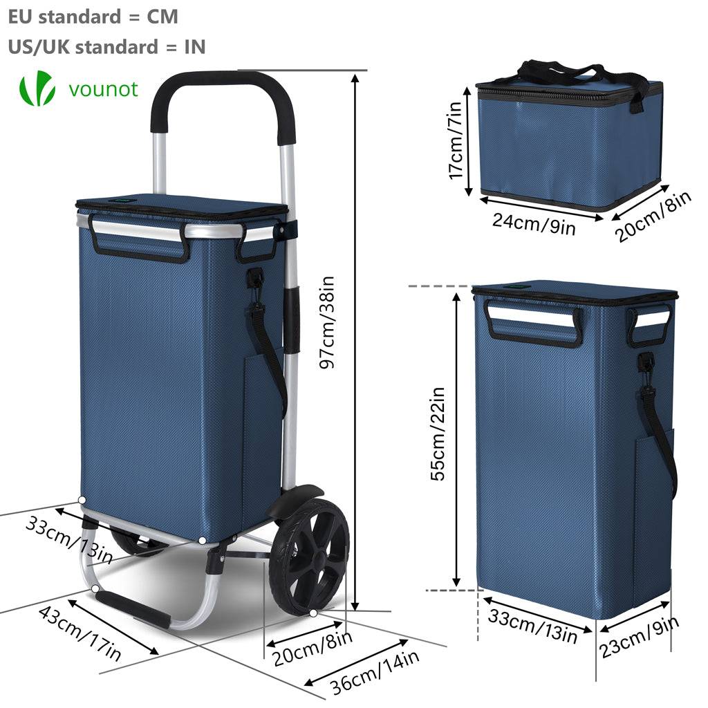 Chariot de course pliable aluminium 2 roues avec sac isotherme bleu marine - Image 7