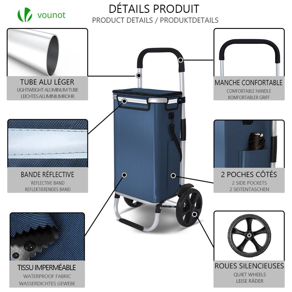 Chariot de course pliable aluminium 2 roues avec sac isotherme bleu marine - Image 2