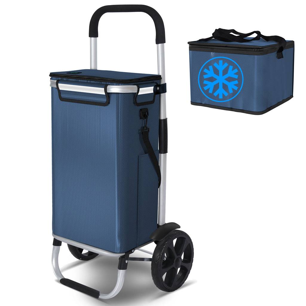 Chariot de course pliable aluminium 2 roues avec sac isotherme bleu marine - Image 1