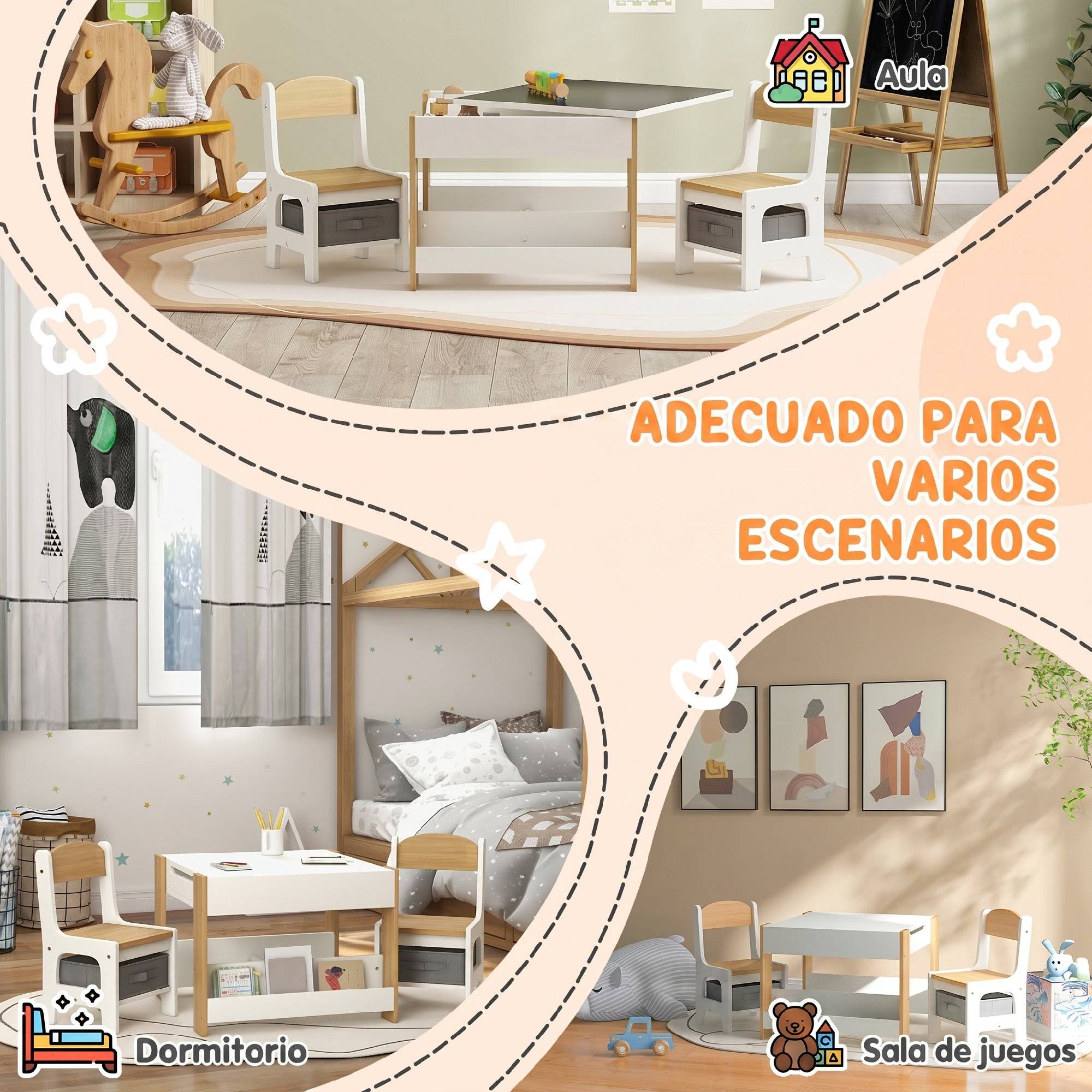 Ensemble table et chaises 3 en 1 pour enfants avec tableau noir, tiroirs en tissu et espace de rangement, blanc et naturel - Image 9
