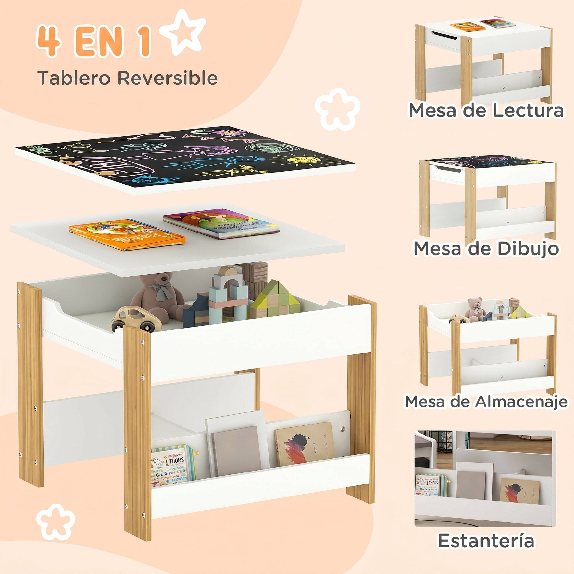 Ensemble table et chaises 3 en 1 pour enfants avec tableau noir, tiroirs en tissu et espace de rangement, blanc et naturel - Image 6