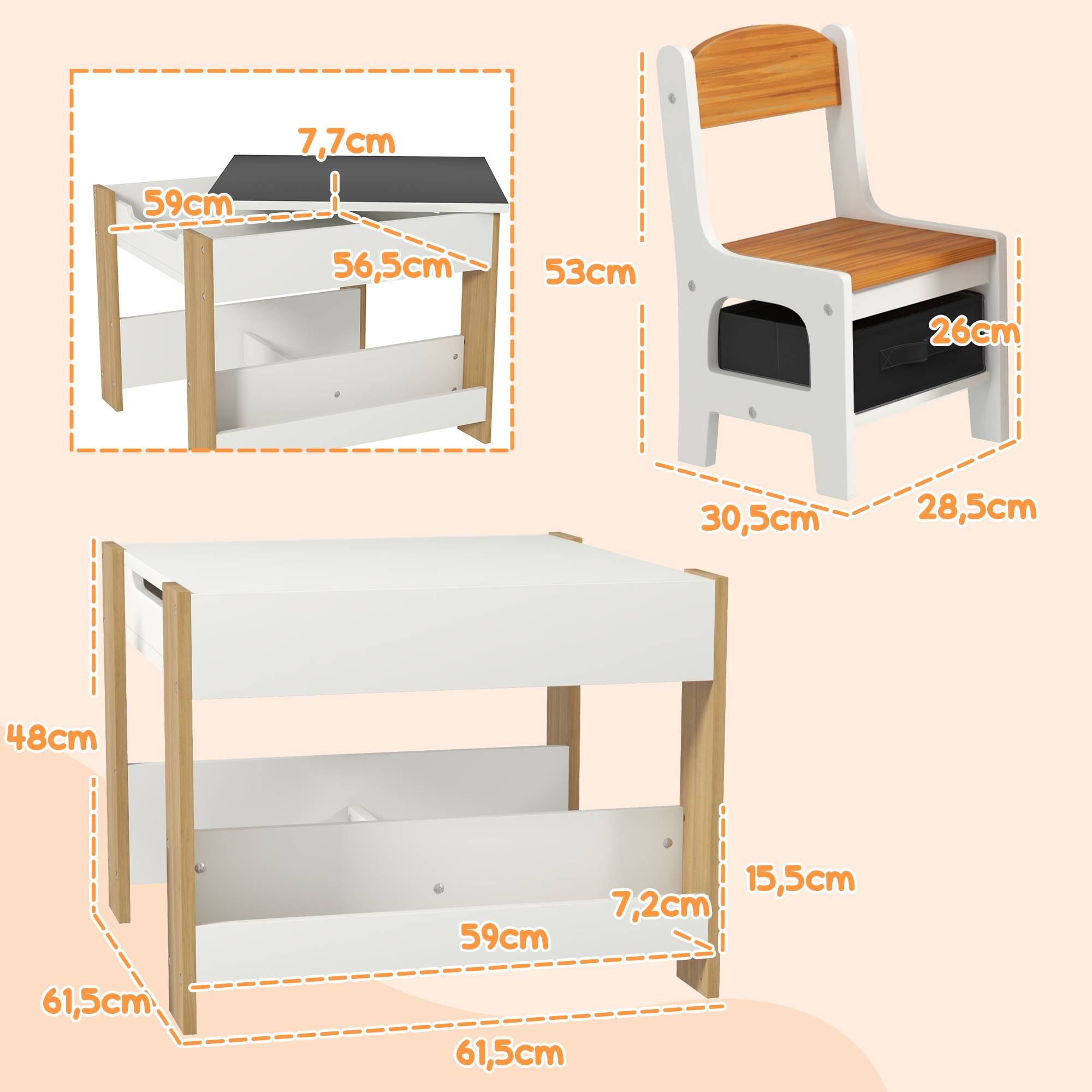 Ensemble table et chaises 3 en 1 pour enfants avec tableau noir, tiroirs en tissu et espace de rangement, blanc et naturel - Image 5