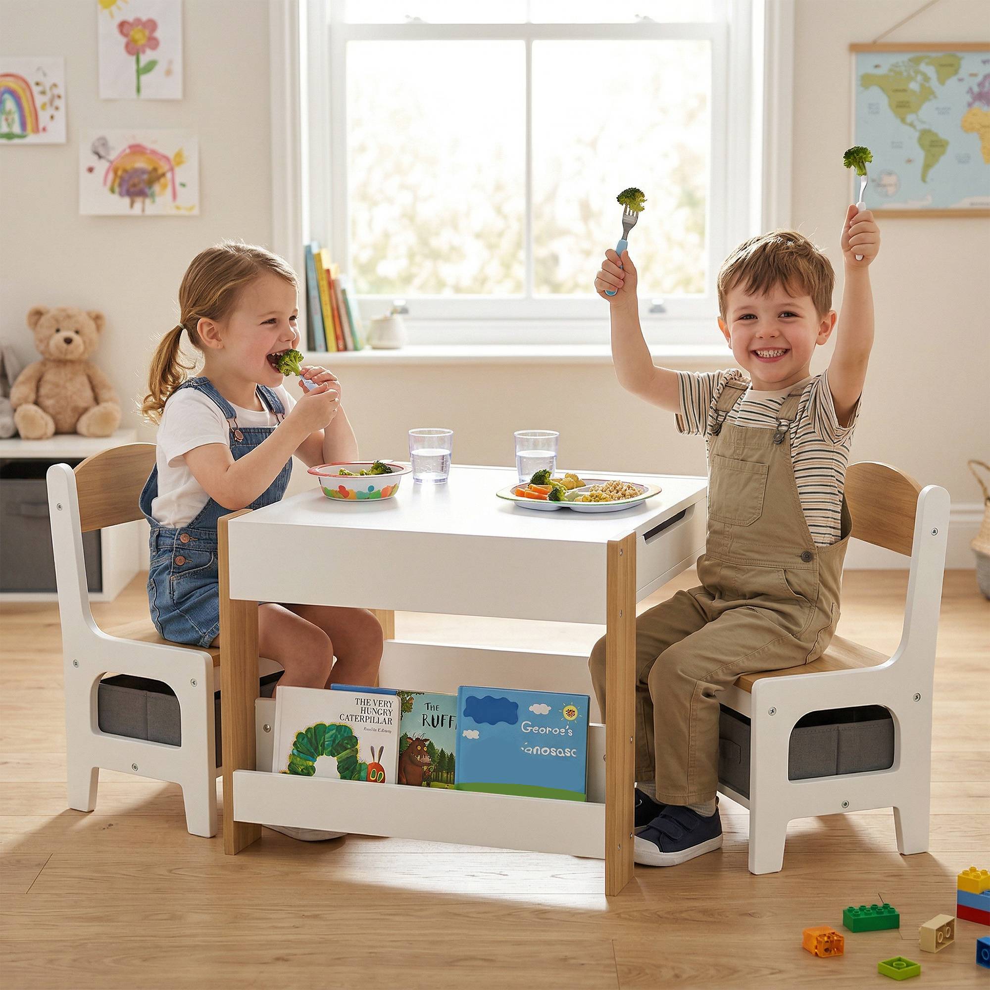 Ensemble table et chaises 3 en 1 pour enfants avec tableau noir, tiroirs en tissu et espace de rangement, blanc et naturel - Image 3