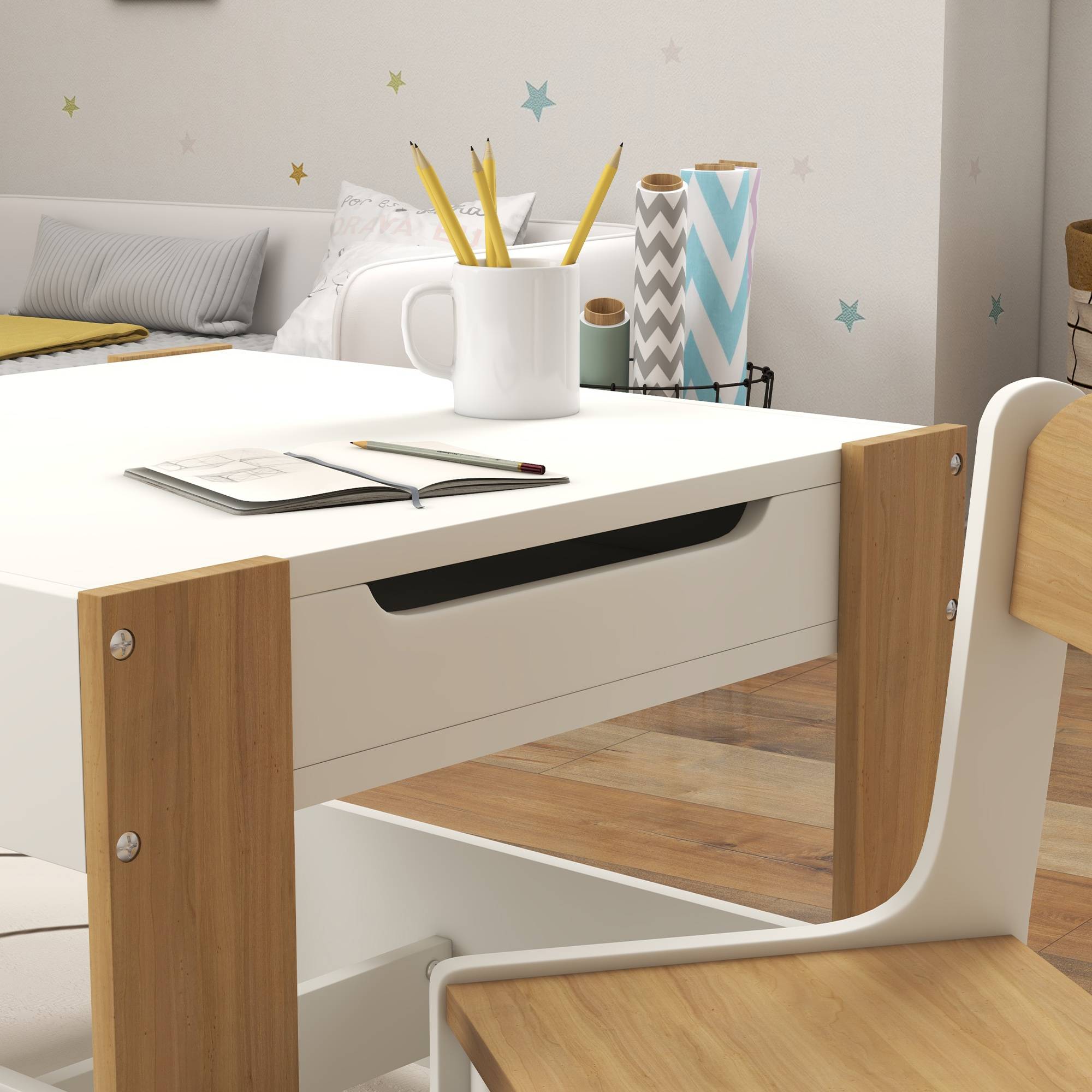 Ensemble table et chaises 3 en 1 pour enfants avec tableau noir, tiroirs en tissu et espace de rangement, blanc et naturel - Image 10