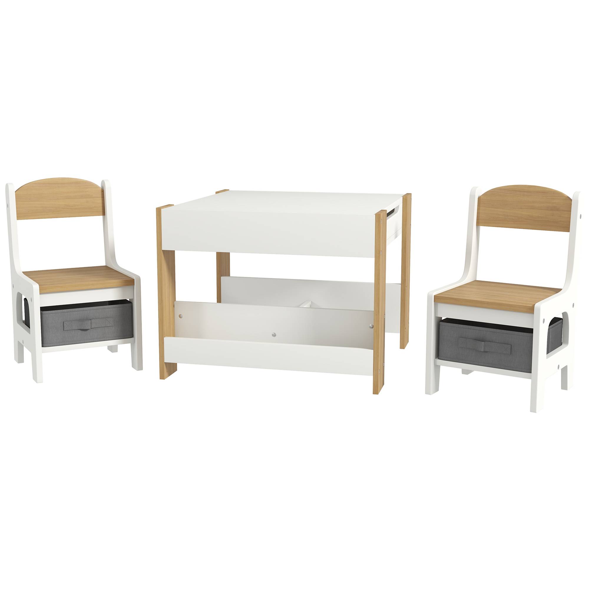 Ensemble table et chaises 3 en 1 pour enfants avec tableau noir, tiroirs en tissu et espace de rangement, blanc et naturel - Image 2