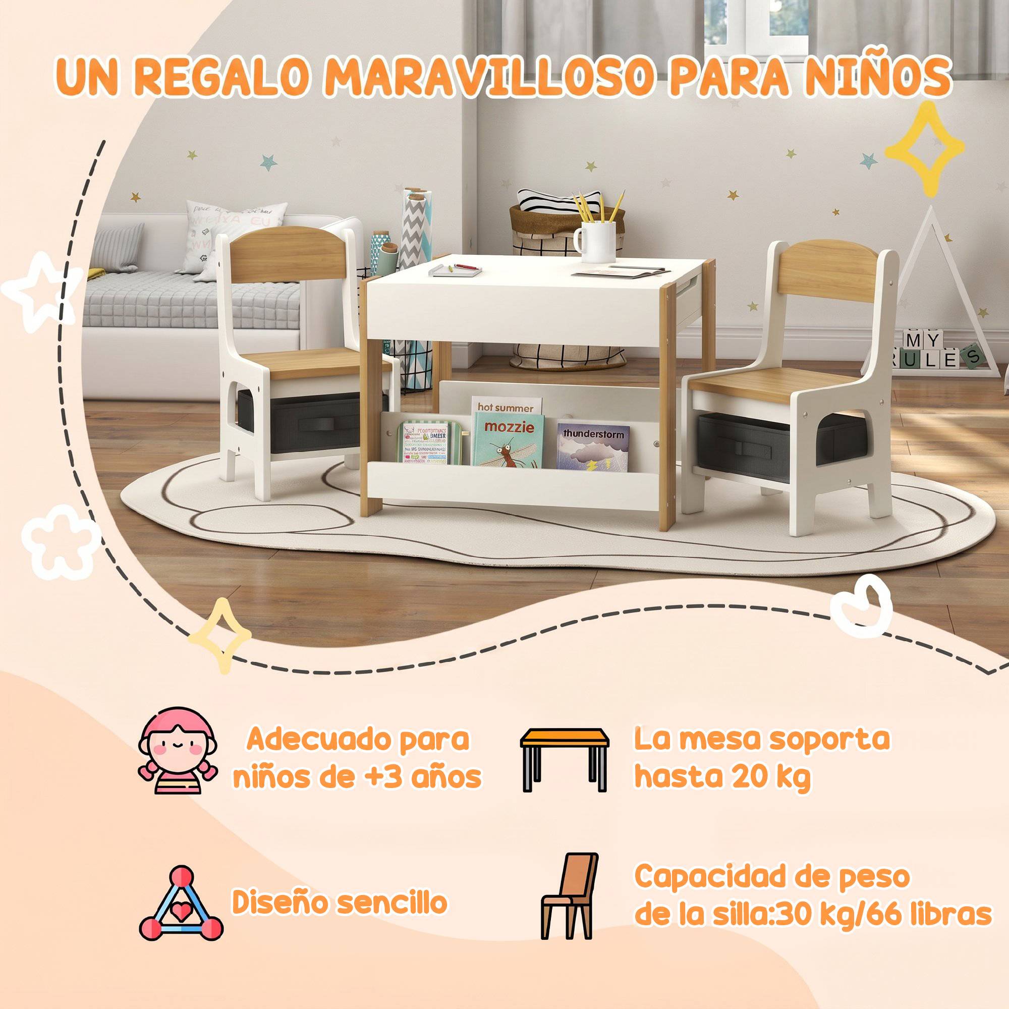 Ensemble table et chaises 3 en 1 pour enfants avec tableau noir, tiroirs en tissu et espace de rangement, blanc et naturel - Image 7