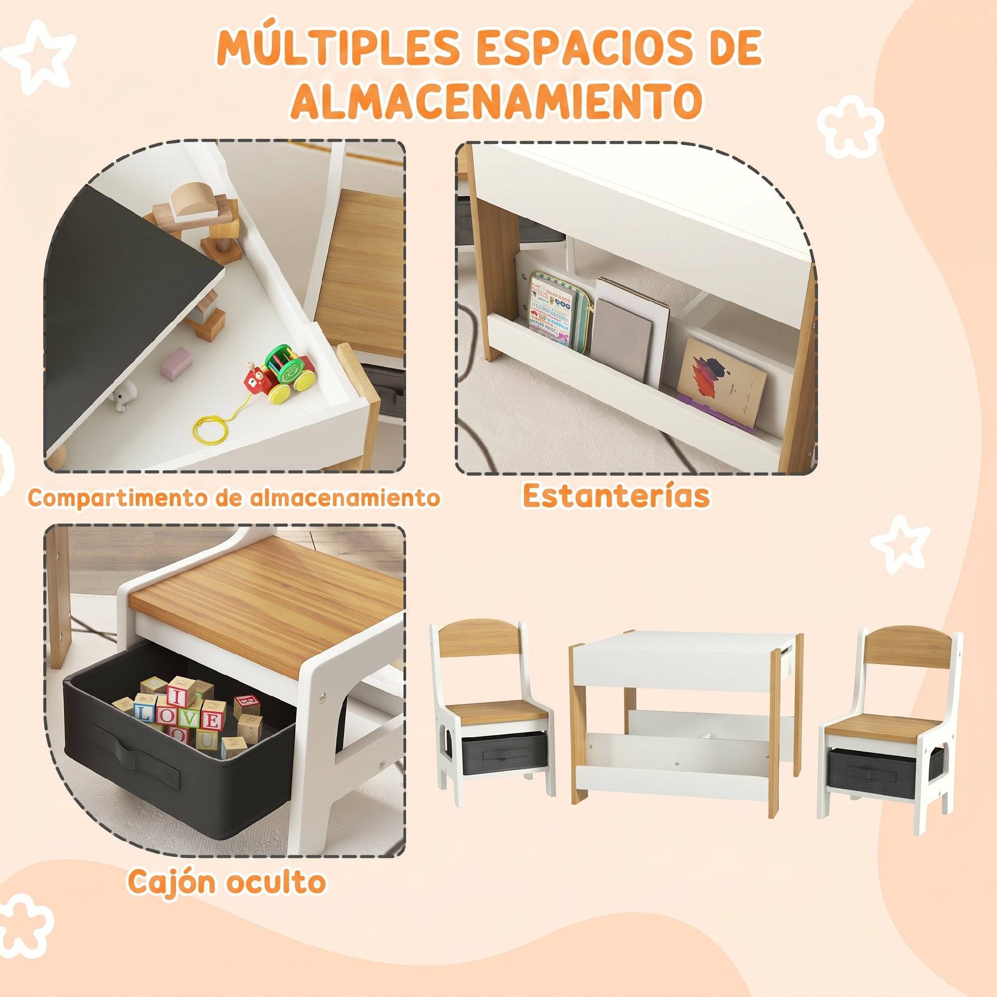 Ensemble table et chaises 3 en 1 pour enfants avec tableau noir, tiroirs en tissu et espace de rangement, blanc et naturel - Image 8