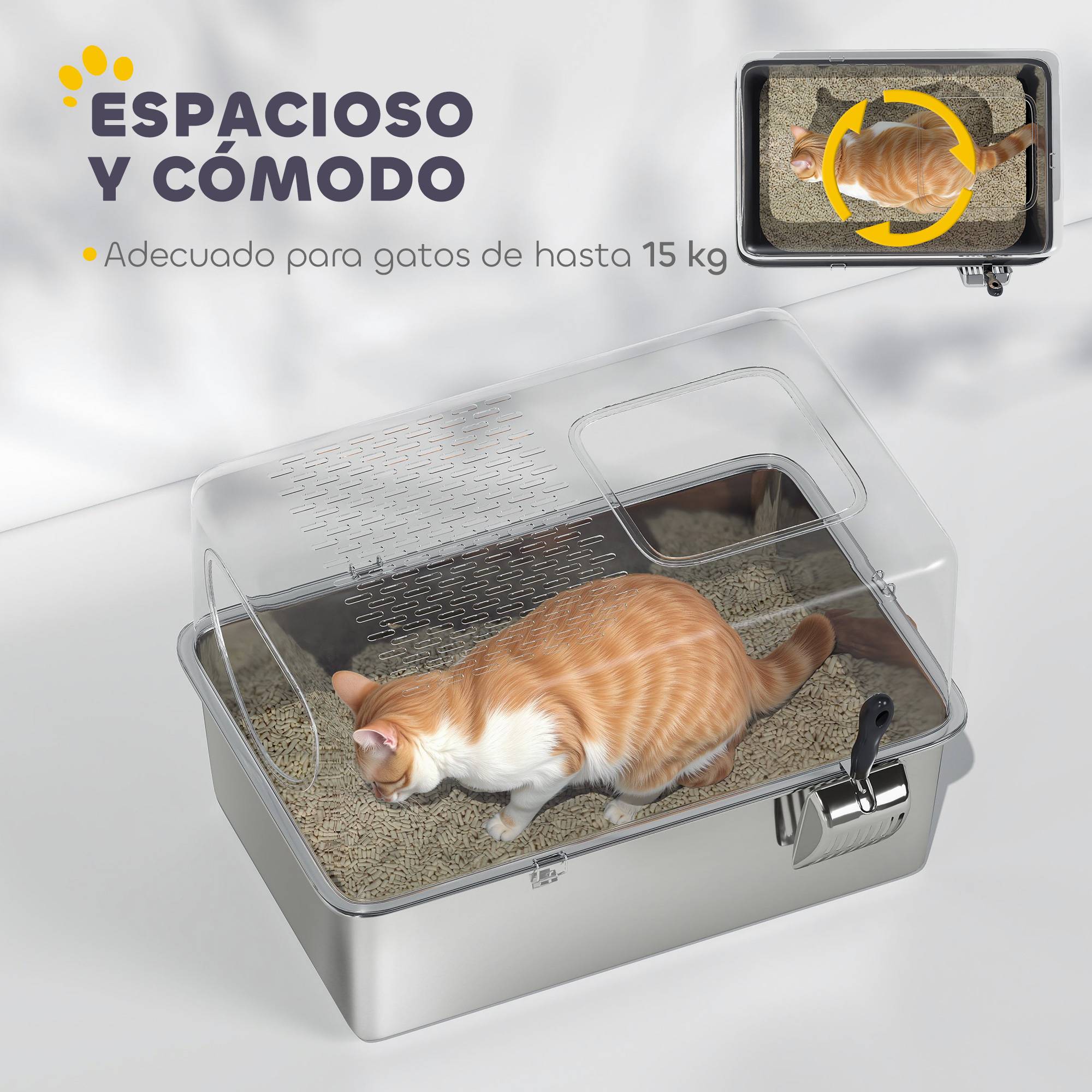 Bac à Litière XL Acier Inoxydable pour Grand Chat avec Couvercle Filtre et Pelle Argenté - ComfortXL Outdoor Living - Image 7