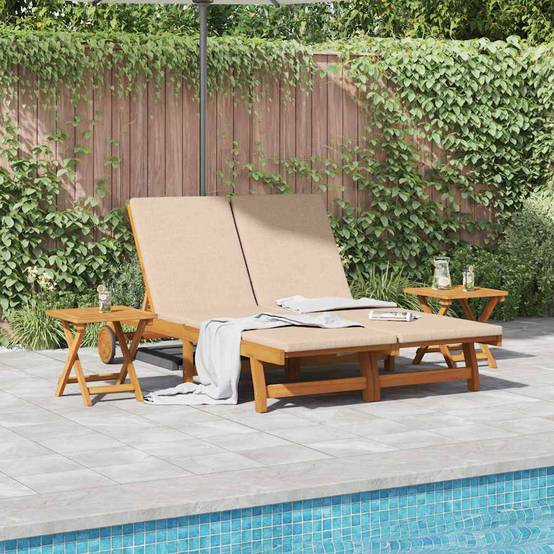 Ensemble Transat Double et Tables Acacia Massif Jardin Terrasse Inclinable 199x63cm Beige - ComfortXL Outdoor Living - Image 1