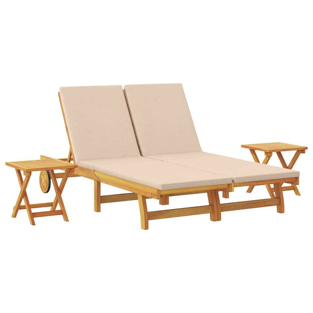 Ensemble Transat Double et Tables Acacia Massif Jardin Terrasse Inclinable 199x63cm Beige - ComfortXL Outdoor Living - Image 2