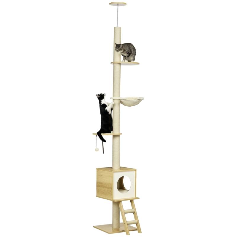 Arbre à chat sol-plafond, maison, 2 plateformes, hamac anti-basculement brun clair beige 40x40x260cm - Image 1
