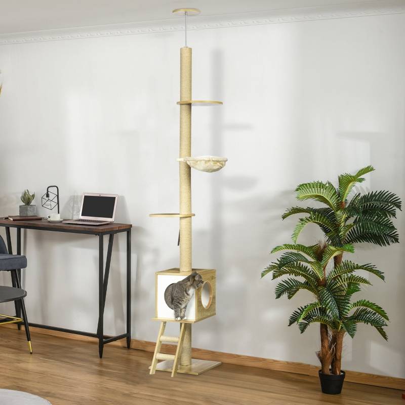 Arbre à chat sol-plafond, maison, 2 plateformes, hamac anti-basculement brun clair beige 40x40x260cm - Image 2