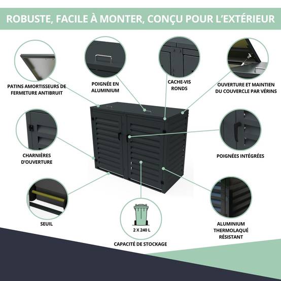 Cache Poubelle Extérieur Double en Aluminium thermolaqué - Abri pour 2 conteneurs 240 Litres – Gris Anthracite RAL 7016 - Image 5