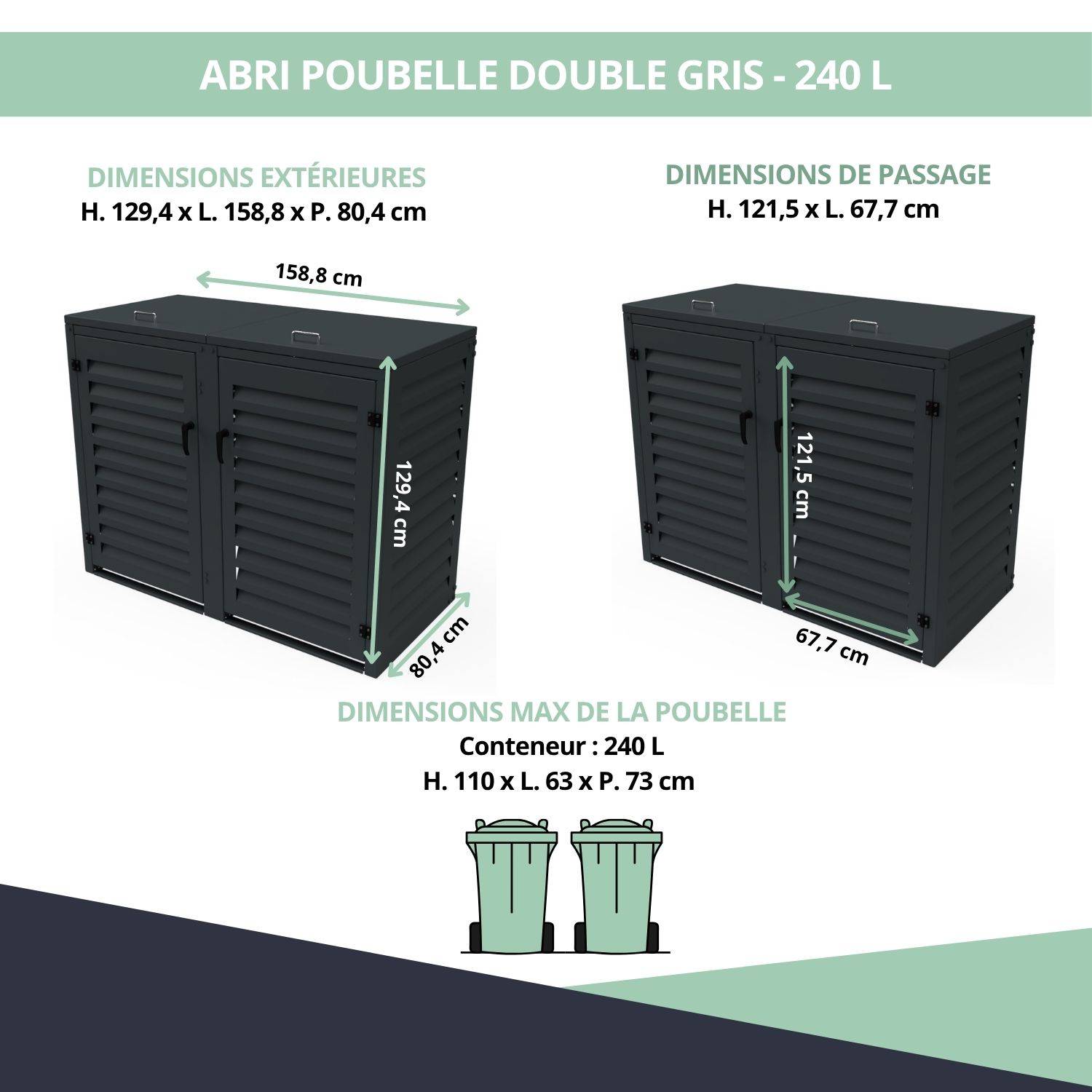 Cache Poubelle Extérieur Double en Aluminium thermolaqué - Abri pour 2 conteneurs 240 Litres – Gris Anthracite RAL 7016 - Image 3