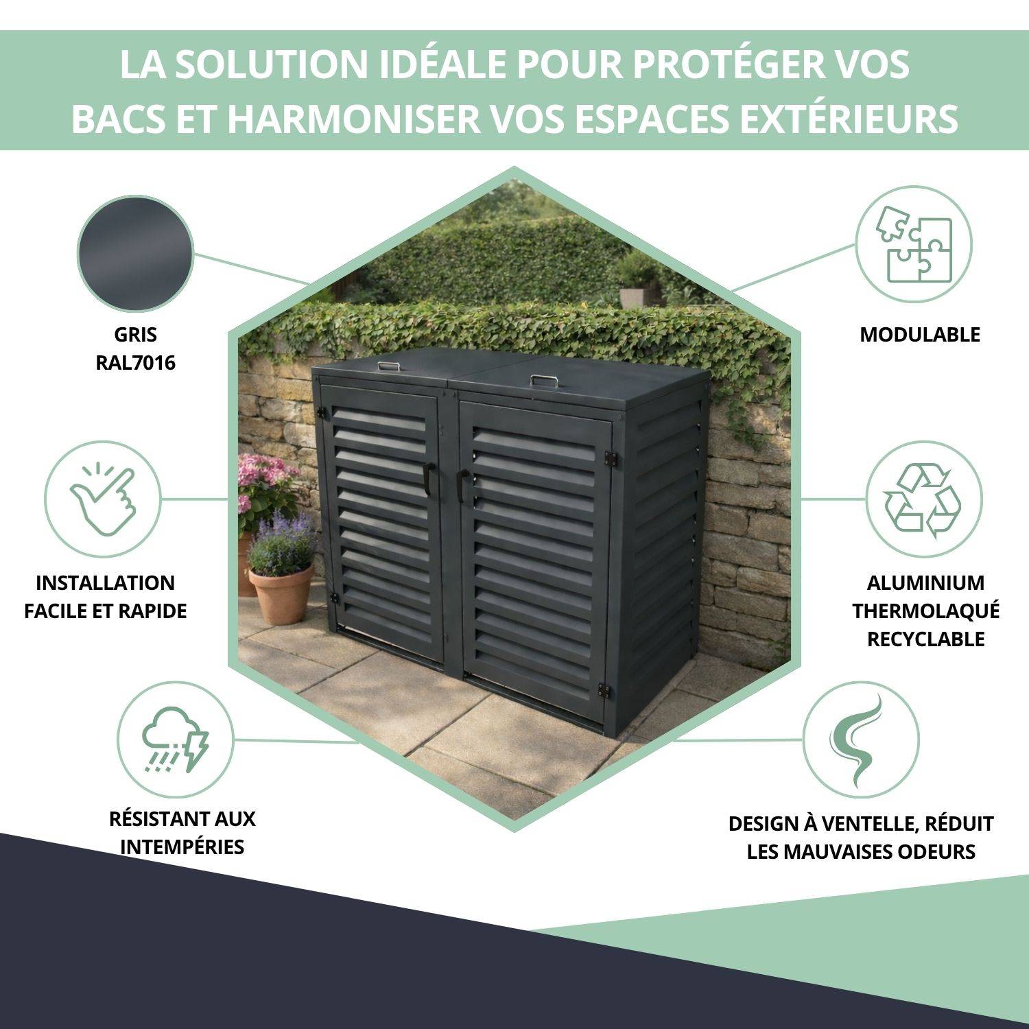 Cache Poubelle Extérieur Double en Aluminium thermolaqué - Abri pour 2 conteneurs 240 Litres – Gris Anthracite RAL 7016 - Image 2